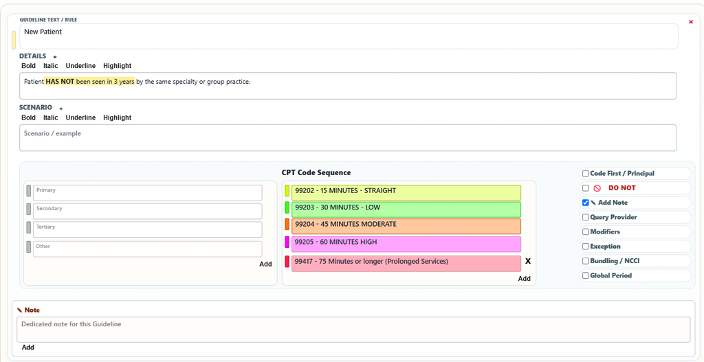 Color-coded CPT time-based E/M code sequence with 99202 through 99205 and prolonged services