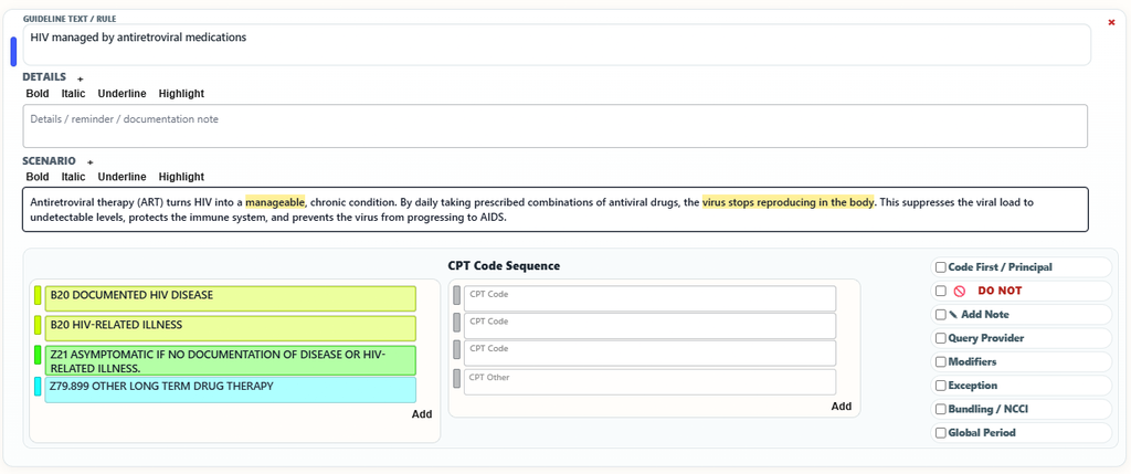 Guideline scenario editor with yellow and green highlights, bold and italic formatting