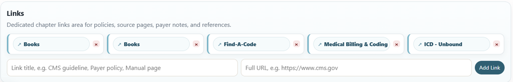 Links section with saved references to Find-A-Code, ICD-Unbound and payer policies
